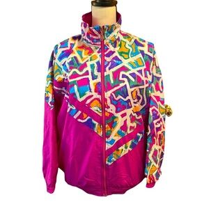 Vintage 80s 90s Abstract Print Track Jacket Bright Color‎ Block Full Zip  Medium